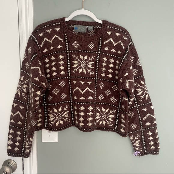 Vintage Squaw Valley Boxy 100% Wool Brown Cream Cropped Nordic Sweater - Picture 1 of 14
